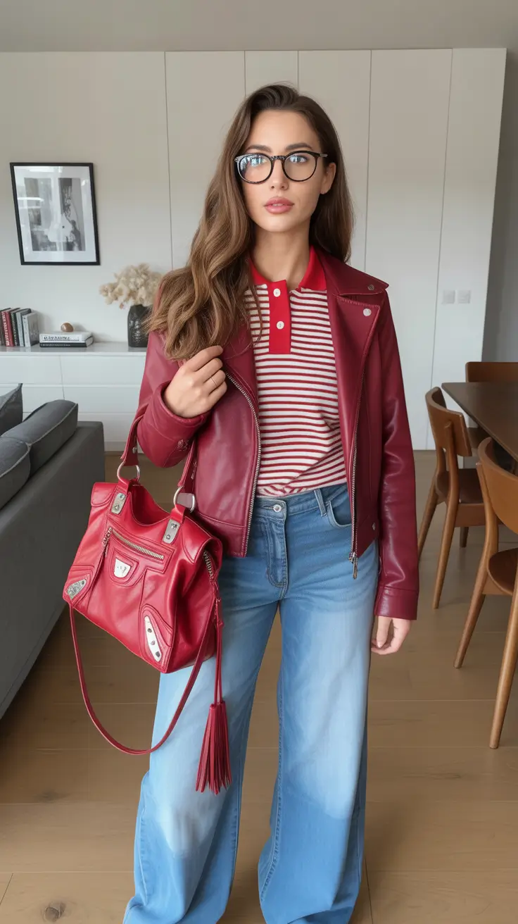 NYC winter outfits cold weather Retro Red Leather and Denim Mix