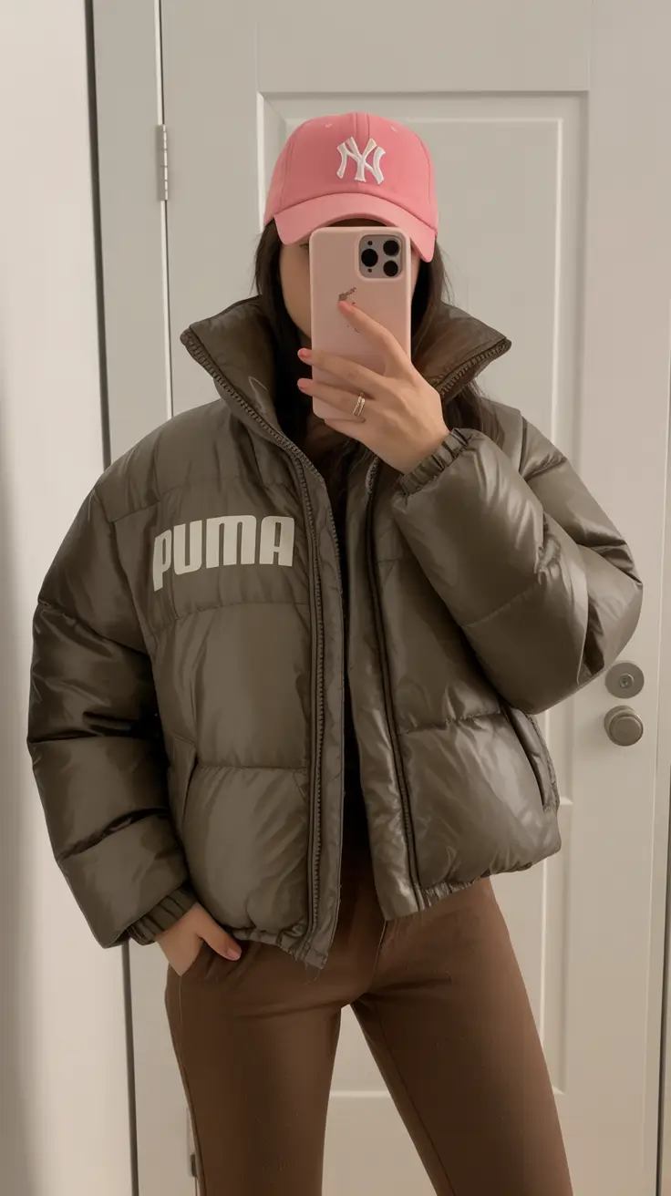 NYC winter outfits cold weather Sporty Logo Puffer and Baseball Cap