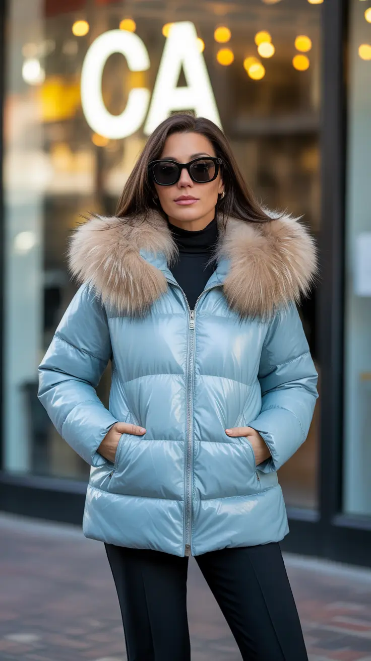 NYC winter outfits cold weather Powder Blue Elegance with Fur Collar
