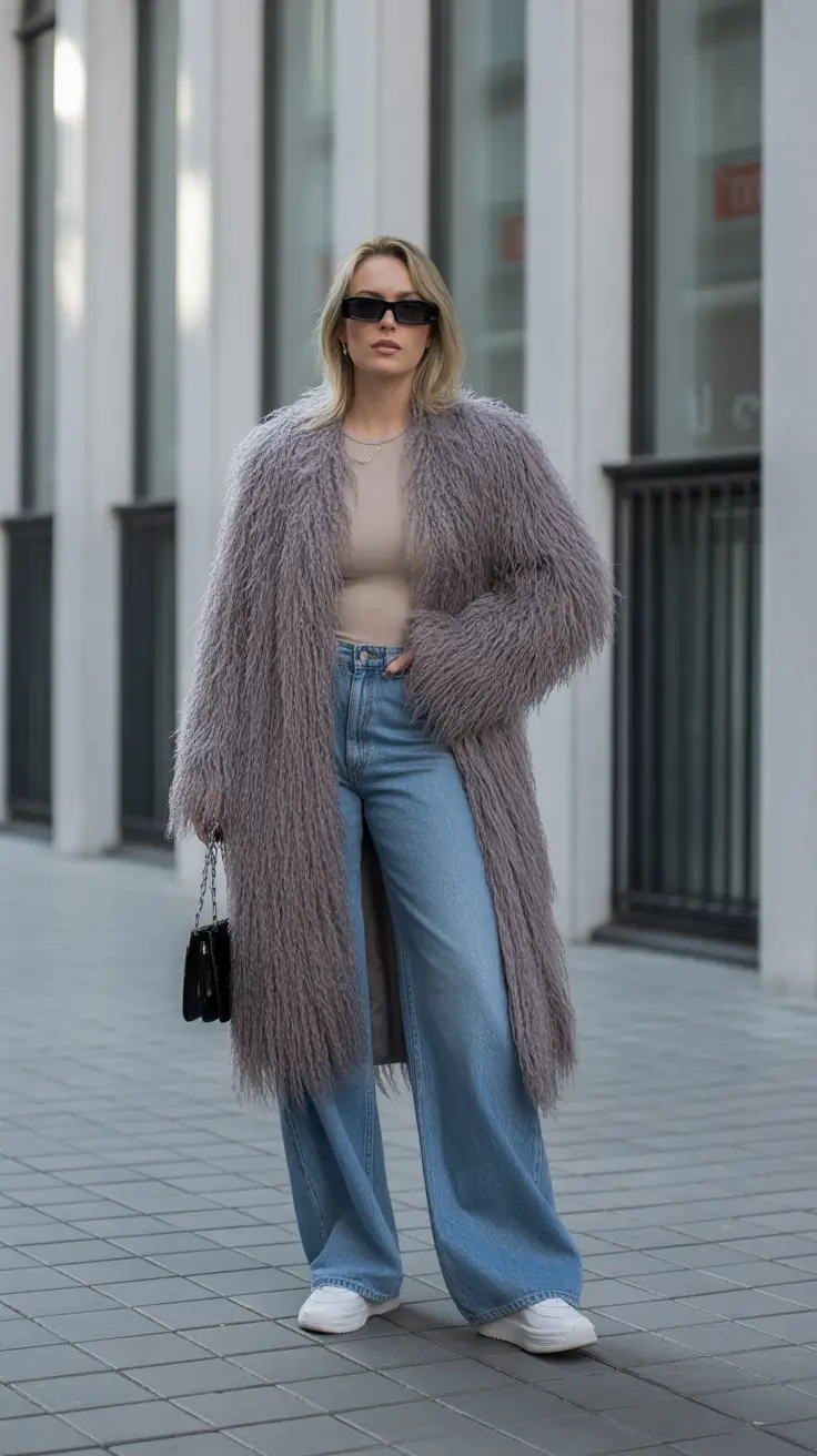 NYC winter outfits cold weather Lavender Drama with Wide-Leg Denim