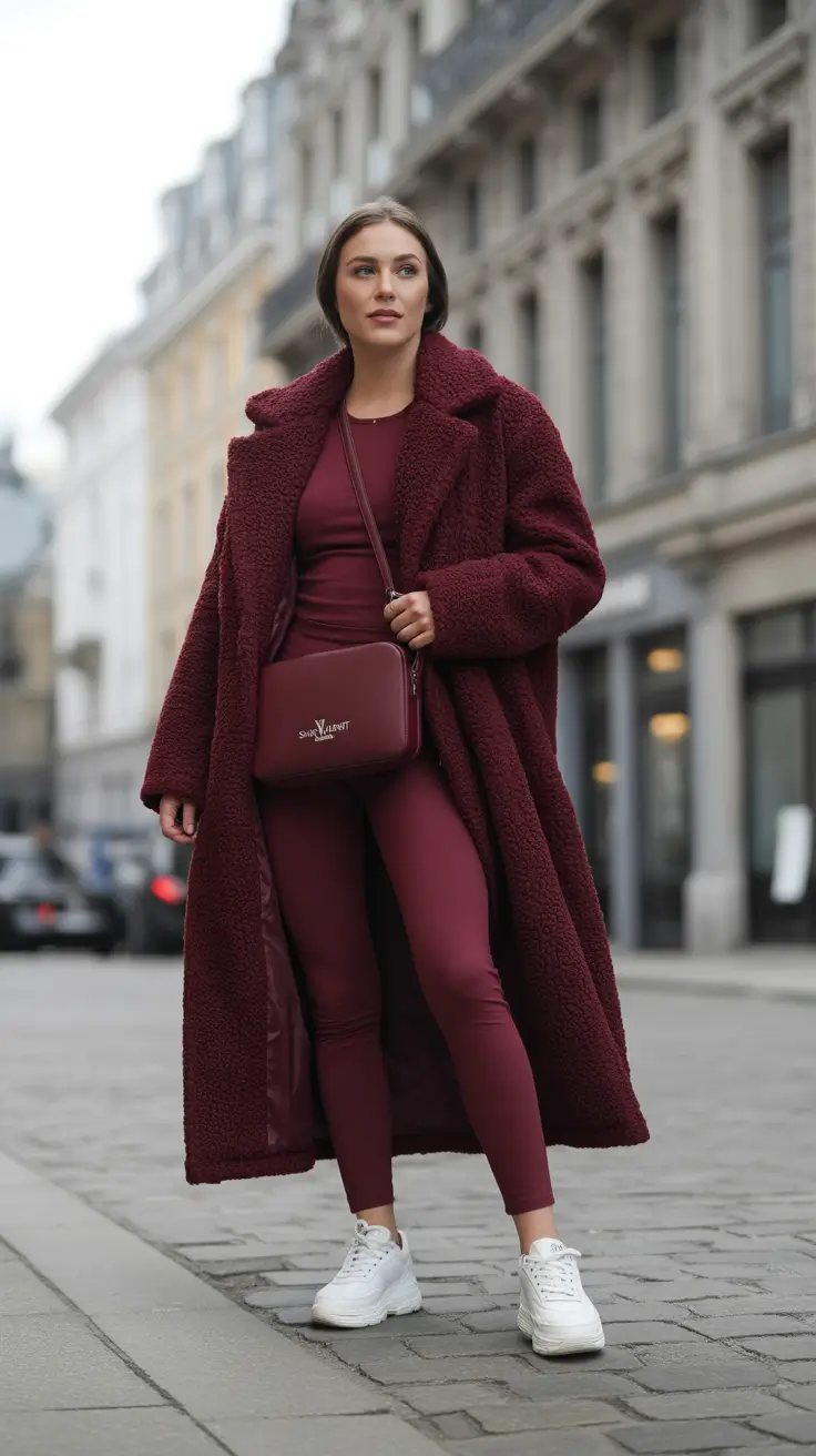 NYC winter outfits cold weather Monochrome Burgundy Statement