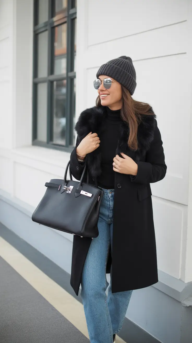 NYC winter outfits cold weather Black and Denim Winter Uniform