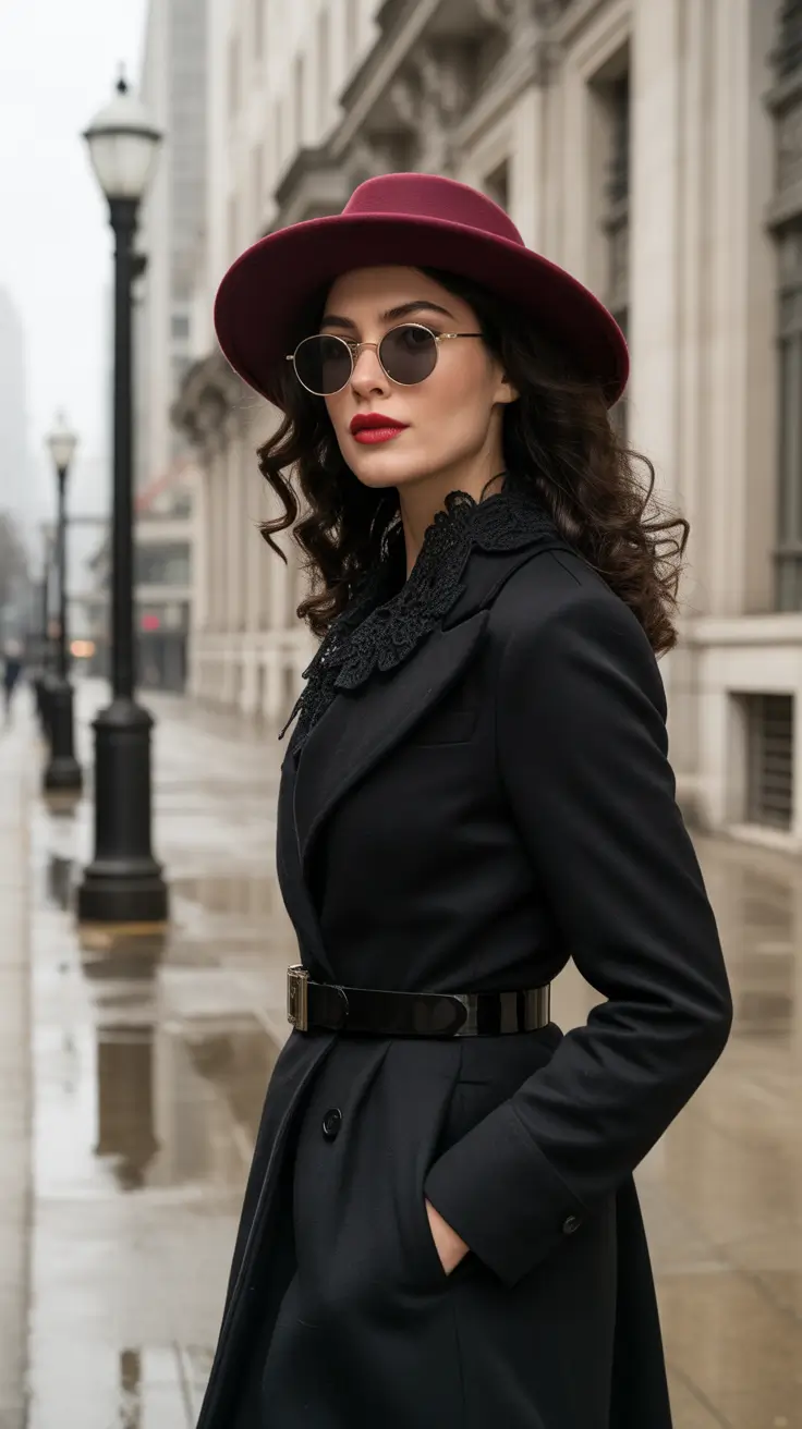 NYC winter outfits cold weather Classic Black Elegance with a Burgundy Twist