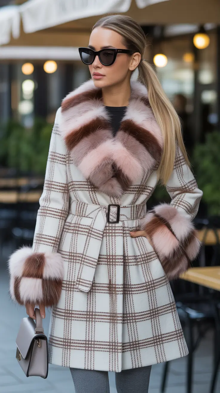 NYC winter outfits cold weather Elegant Checked Coat with Pastel Fur