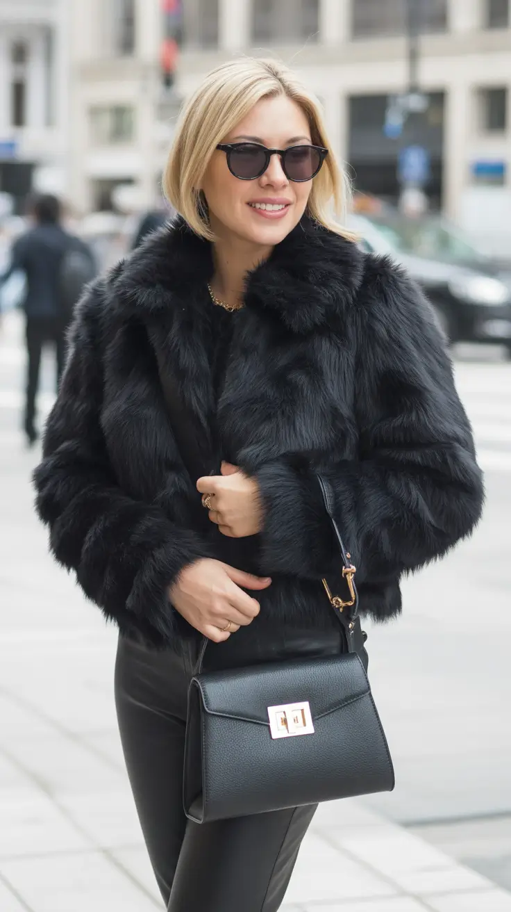 NYC winter outfits cold weather Classic Black Fur Jacket