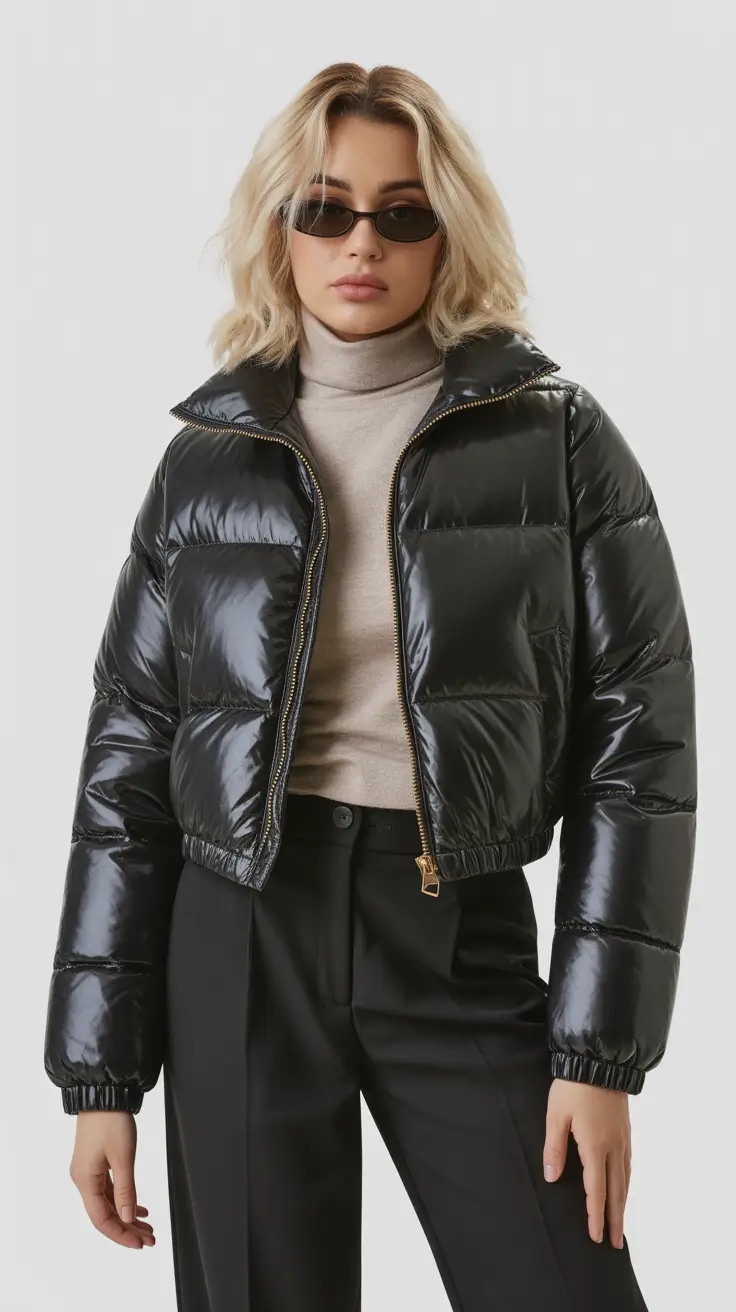 NYC winter outfits cold weather Shiny Puffer with Tailored Trousers