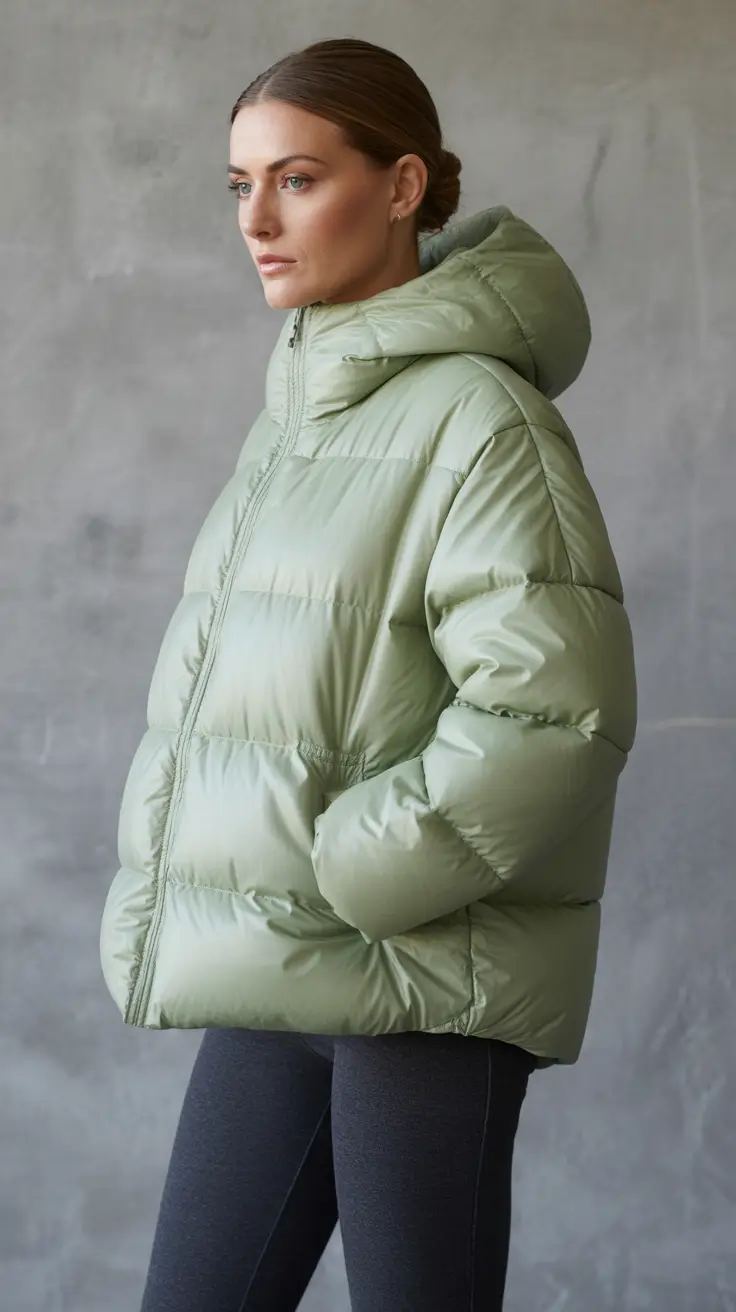 NYC winter outfits cold weather Sage Green Comfort Puffer
