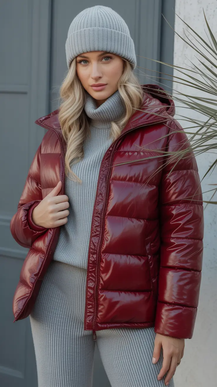 NYC winter outfits cold weather Wine Red Shine with Knit Layers