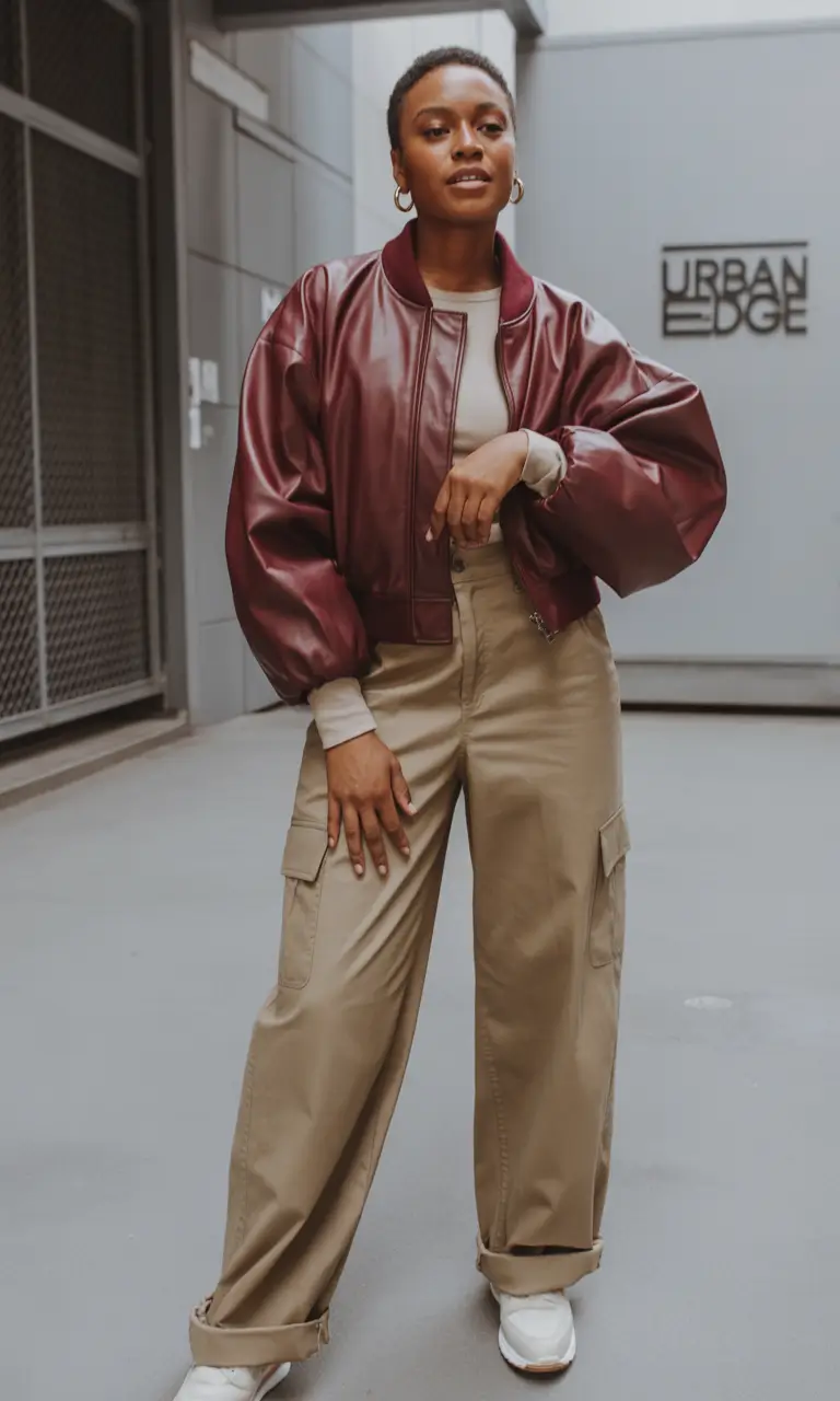 winter outfits blackgirl streetwear Burgundy Bomber and Cargo Ease