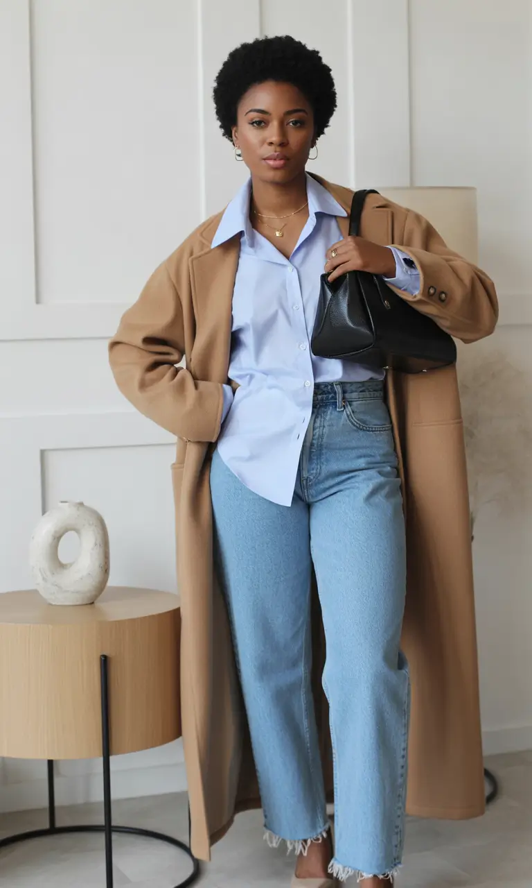 winter outfits blackgirl to school Classic Blue Shirt and Camel Coat