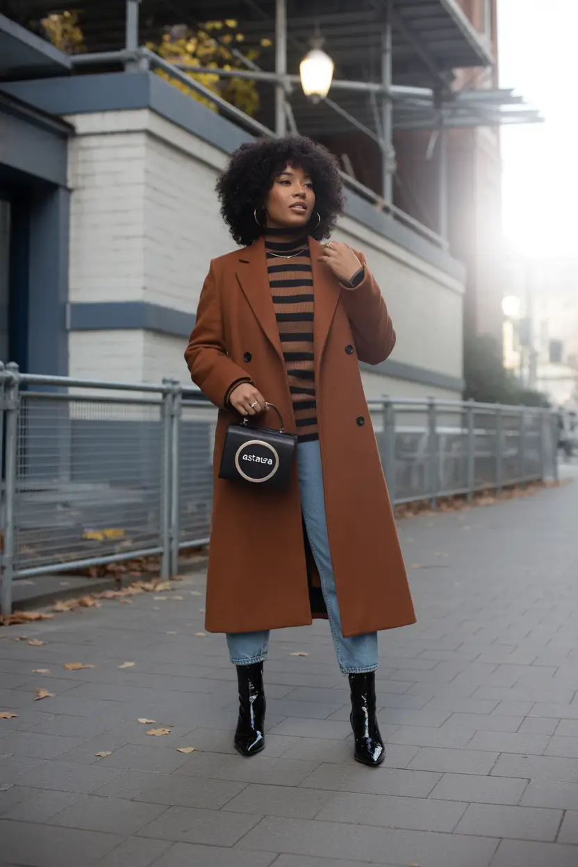 winter outfits blackgirl streetwear Striped Knit and Rust Coat Combo