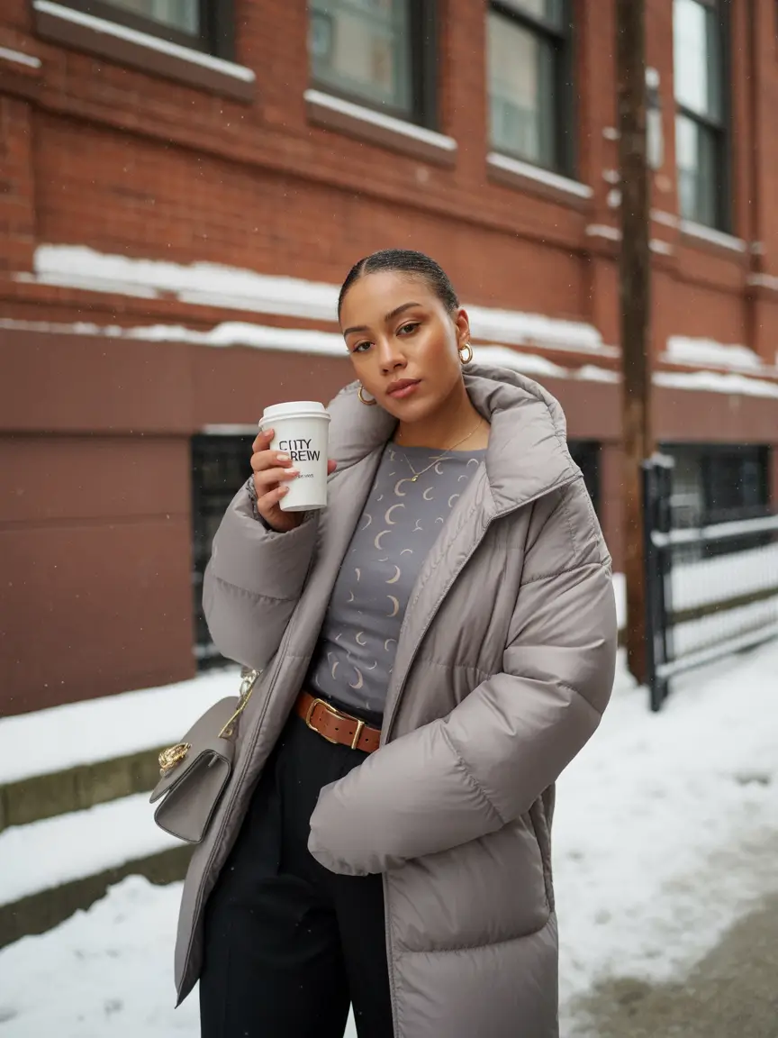 winter outfits blackgirl chill Puffer Warmth with Subtle Prints