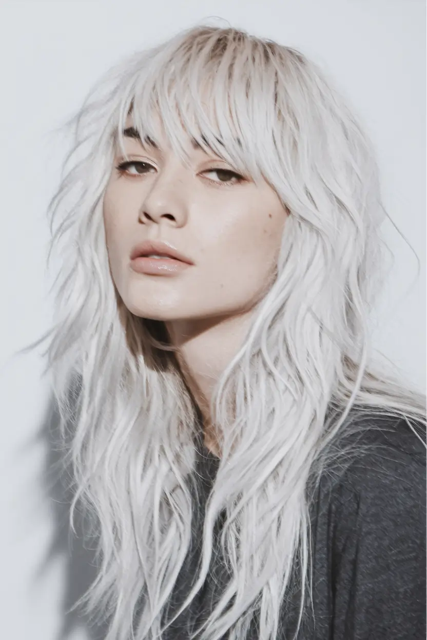 Quick & Easy Hairstyles for Fall 2025 Platinum Shag with Bangs