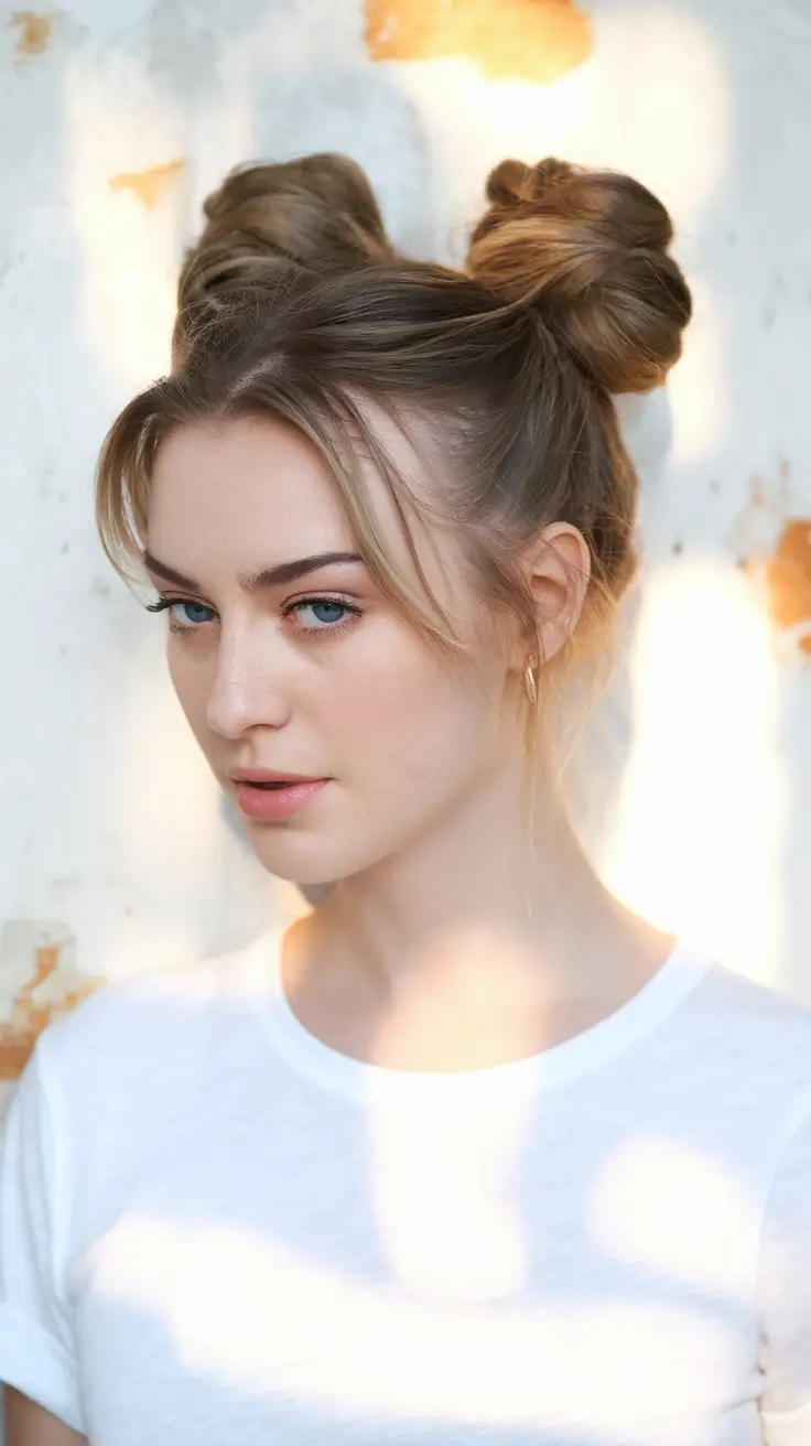 Quick & Easy Hairstyles for Fall 2025 Playful Double Buns with Soft Fringe