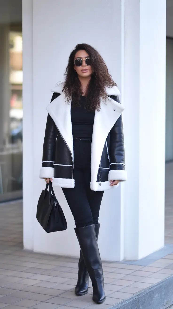 Stylish Birthday Outfits Winter 2025-2026 Monochrome Chic with Shearling Accents