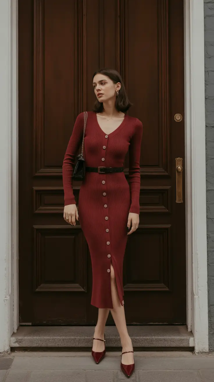 Stylish Birthday Outfits Winter 2025-2026 Effortless Elegance in a Ribbed Burgundy Dress