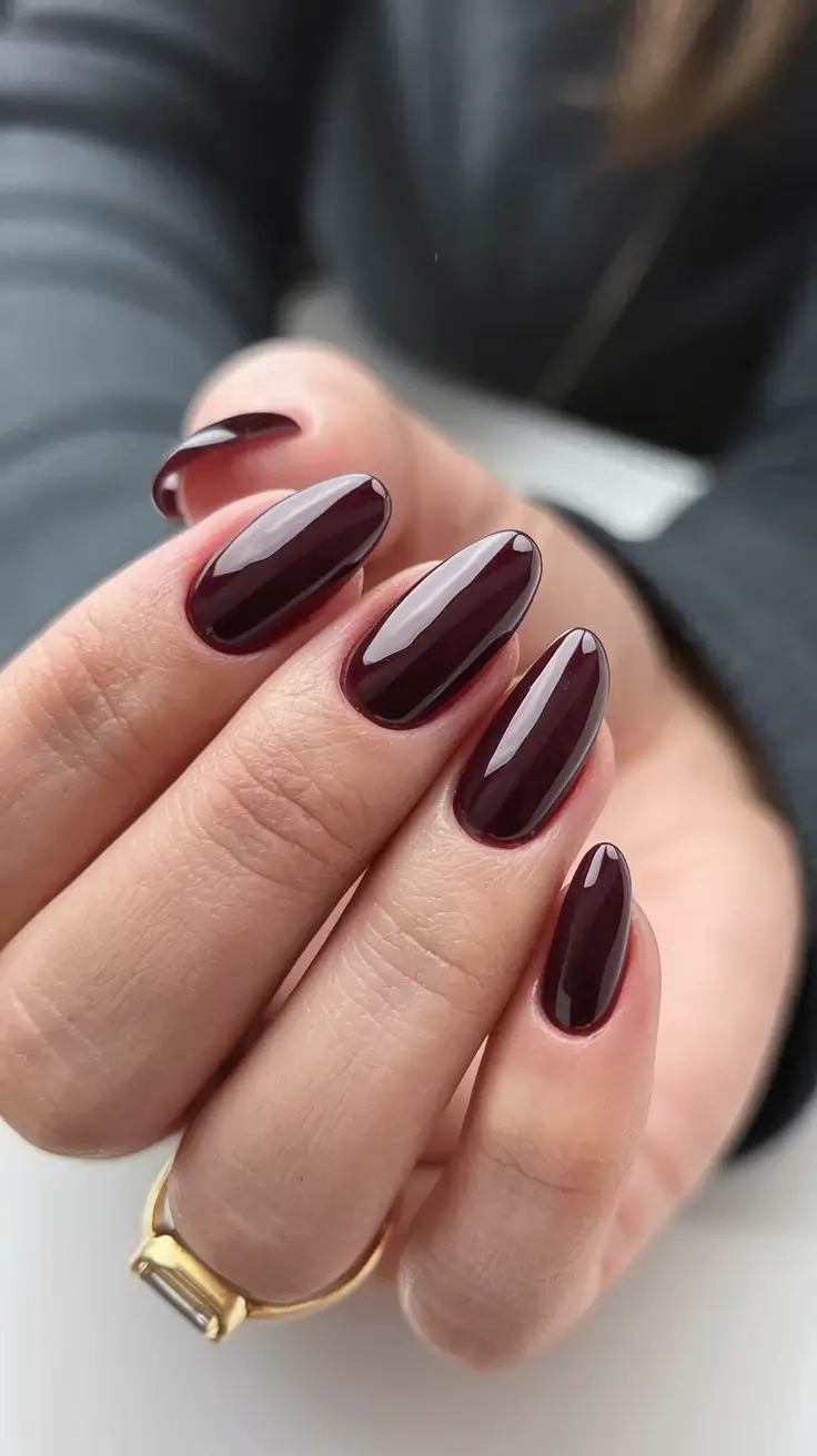 fall winter nails almond Wine-Red Elegance