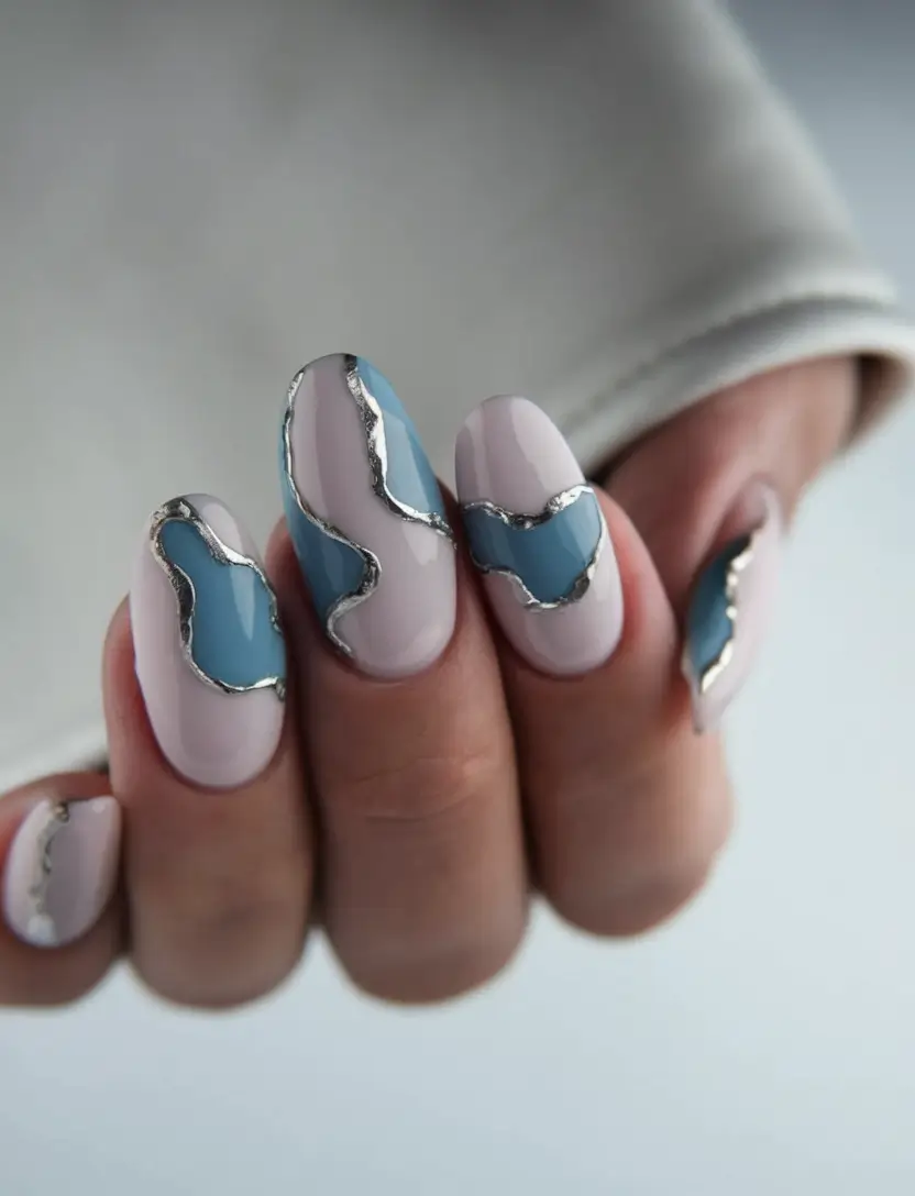 fall winter nails art Blue & Silver Abstract Waves
