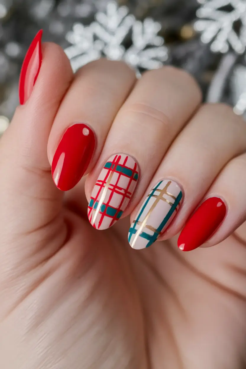 fall winter nails red Festive Plaid Red
