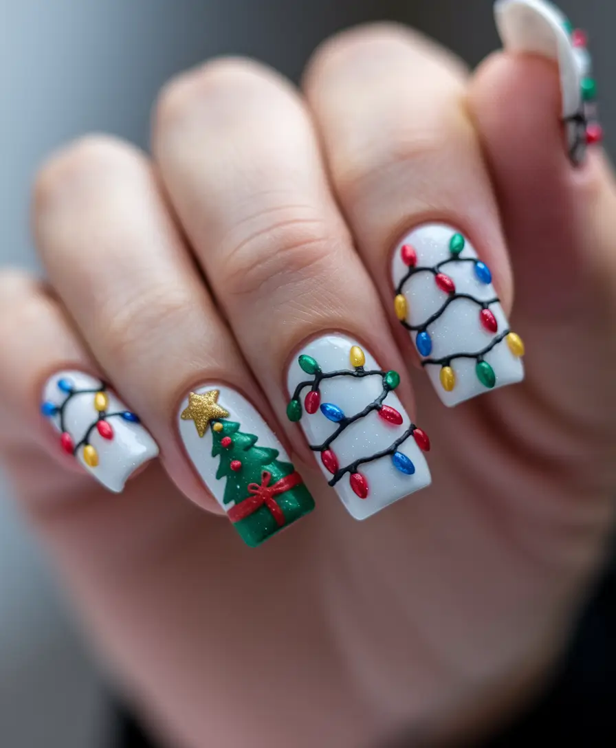 fall winter nails art Holiday Lights & Christmas Charm