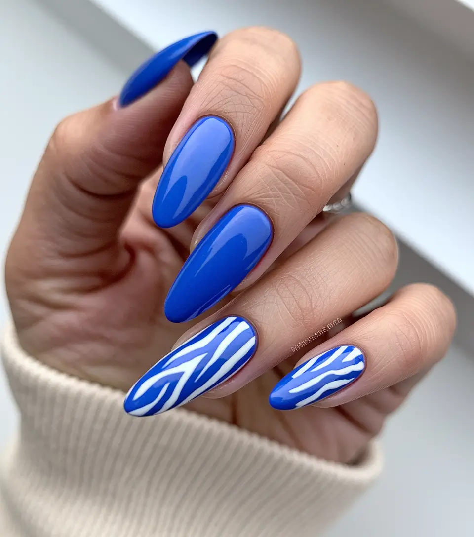 fall winter nails blue Electric Blue with Frosted Lines