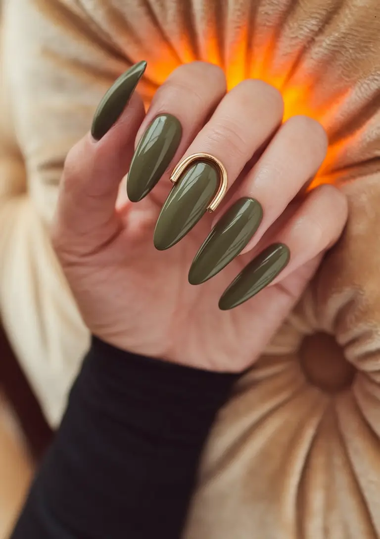 fall winter nails design almond Olive Green Charm with Golden Accent