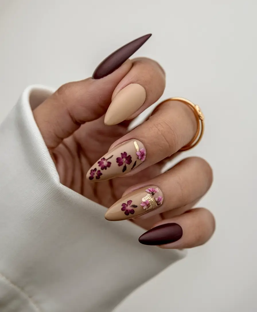 Top Short Fall Nail Trends 2025 Matte Florals with Burgundy Touch
