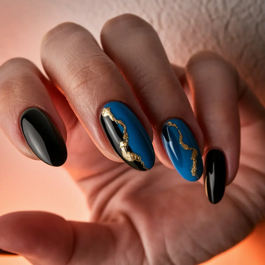 Top Short Fall Nail Trends 2025 Black and Blue with Golden Veins