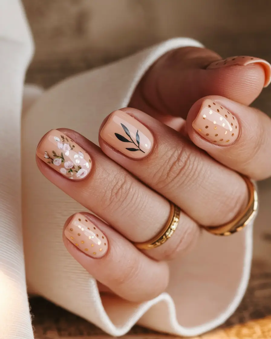 Top Short Fall Nail Trends 2025 Soft Nude with Delicate Florals