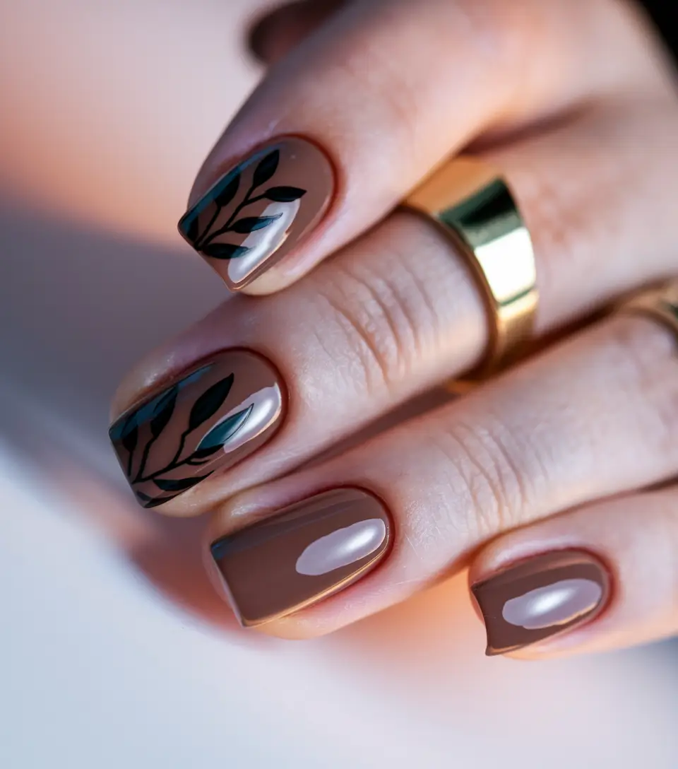 Top Short Fall Nail Trends 2025 Mocha Elegance with Leaf Accents