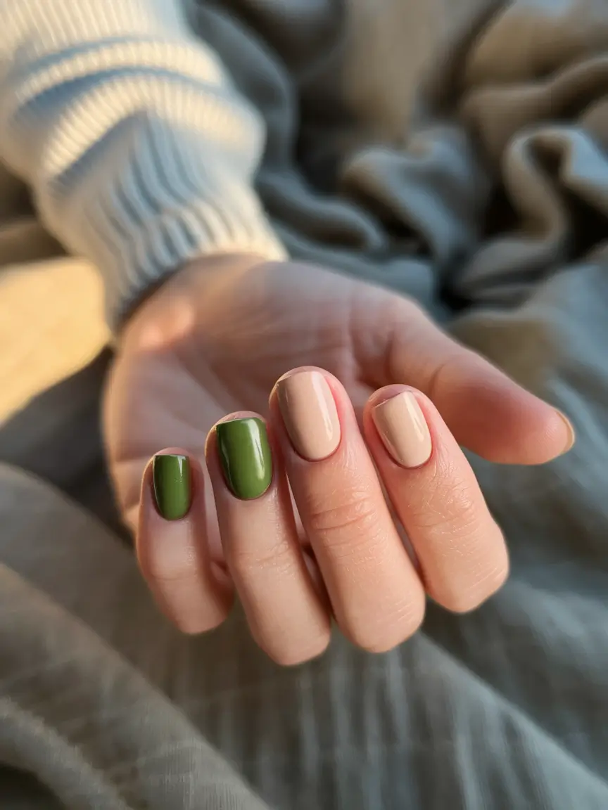 Top Short Fall Nail Trends 2025 Neutral and Olive Duo
