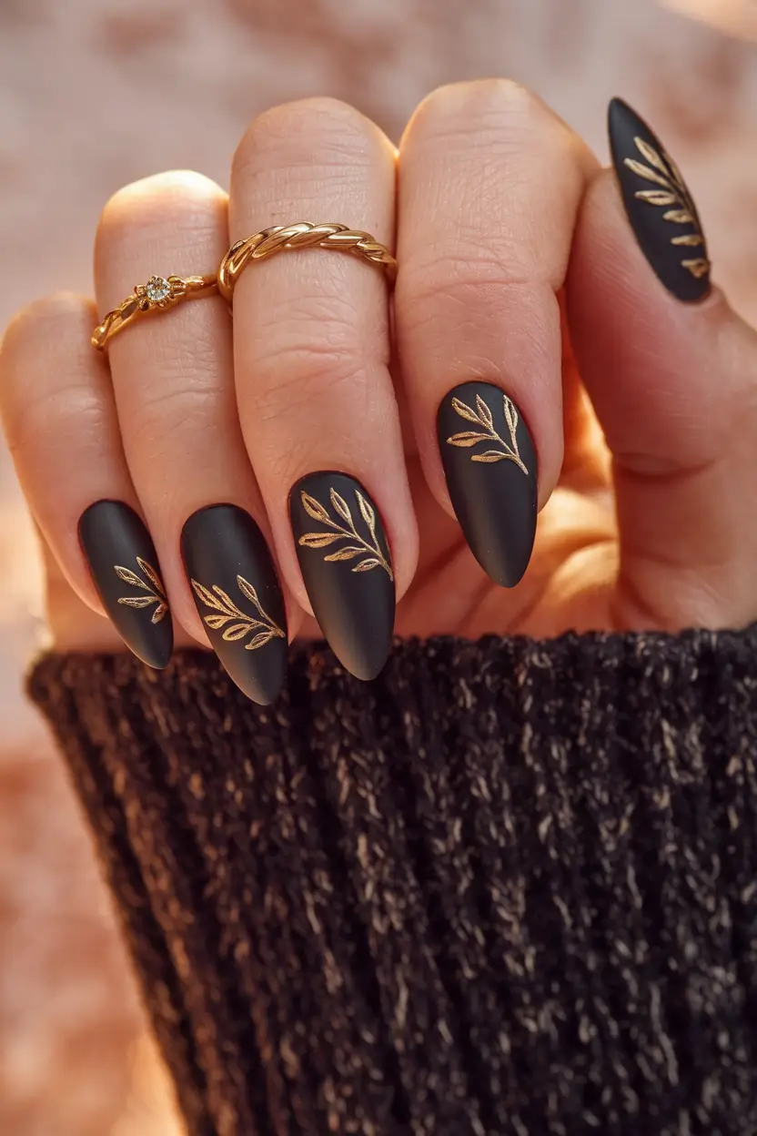 Top Short Fall Nail Trends 2025 Matte Black with Golden Leaves