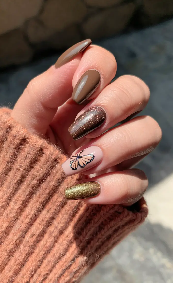 Top Short Fall Nail Trends 2025 Earthy Browns with Butterfly Detail