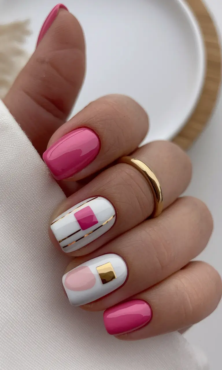 Top Short Fall Nail Trends 2025 Geometric Pink and White