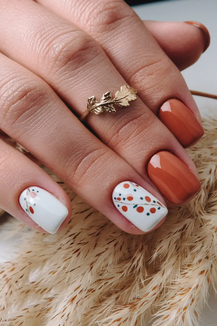 Top Short Fall Nail Trends 2025 Rust Orange with Playful Dots