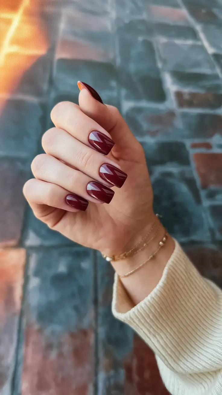 Trendy Cute and Fun Fall Nails 2025 Deep Burgundy Geometry