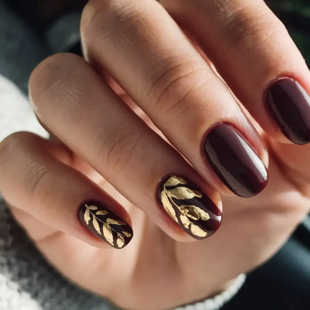 Trendy Cute and Fun Fall Nails 2025 Golden Leaf Accents