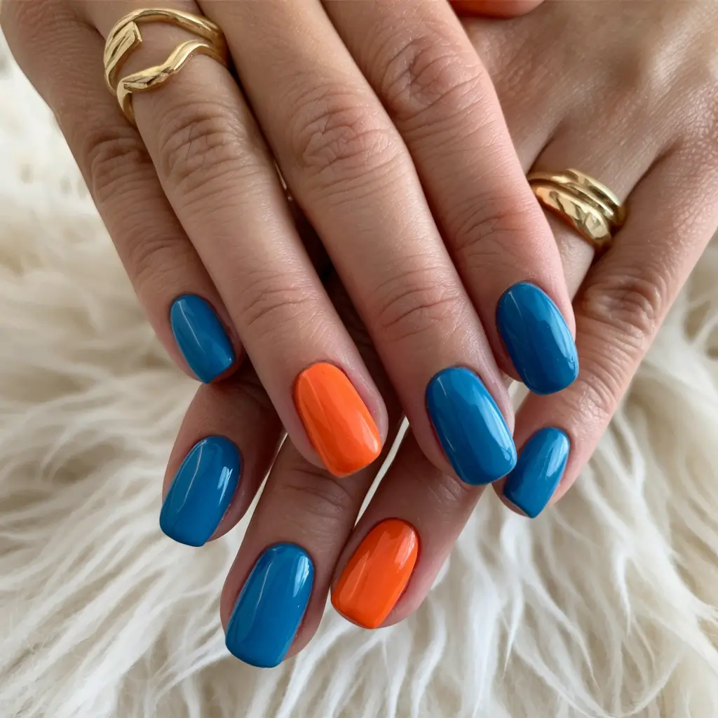 Trendy Cute and Fun Fall Nails 2025 Blue Meets Tangerine