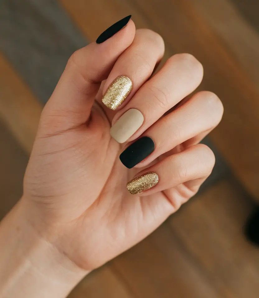 Trendy Cute and Fun Fall Nails 2025 Black and Gold Contrast