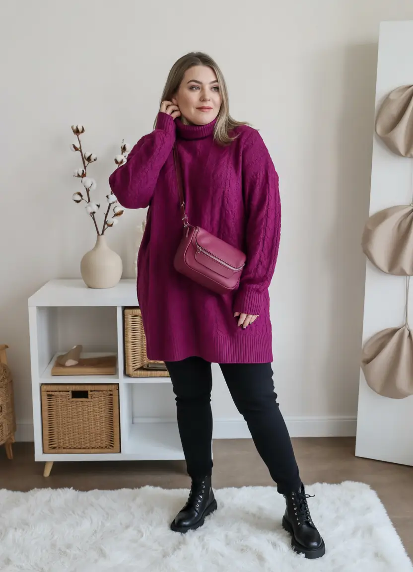 plus size winter outfits 2025 Magenta Knit Confidence