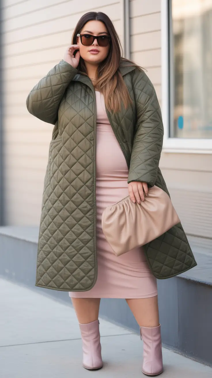 plus size winter outfits 2025 Soft Pink Meets Quilted Green