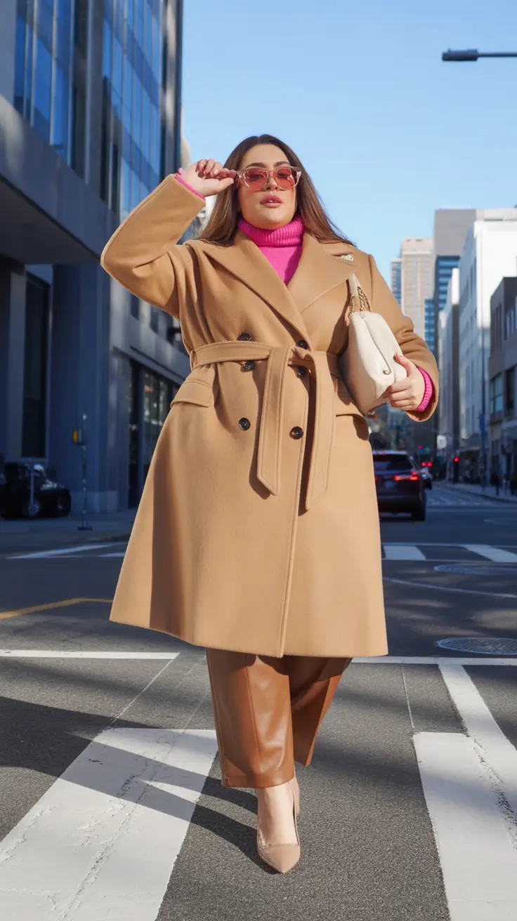 plus size winter outfits 2025 Camel Coat with Pink Pop