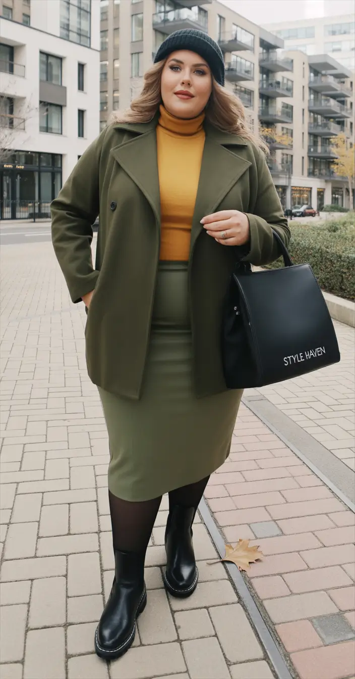 plus size winter outfits 2025 Olive and Mustard Power Pairing