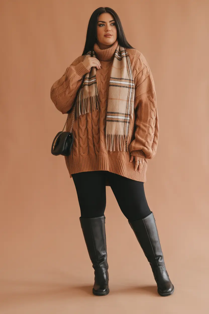 plus size winter outfits 2025 Cozy Knit with Classic Boots
