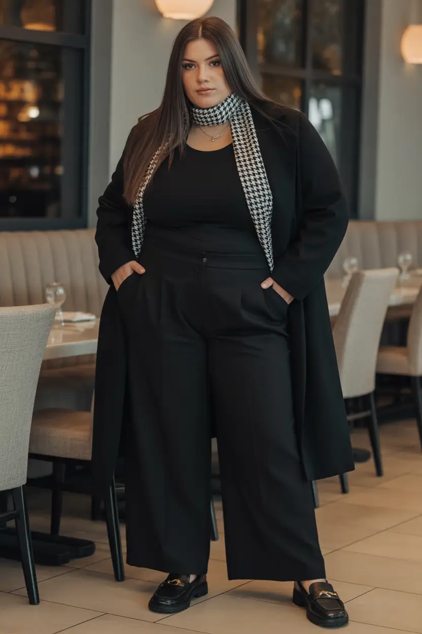 plus size winter outfits 2025 Monochrome With a Statement Scarf
