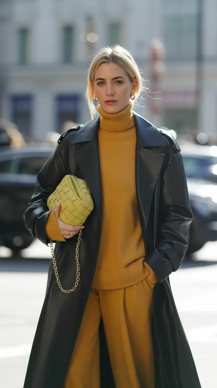 winter fits baddie Monochrome Mustard with a Sleek Edge