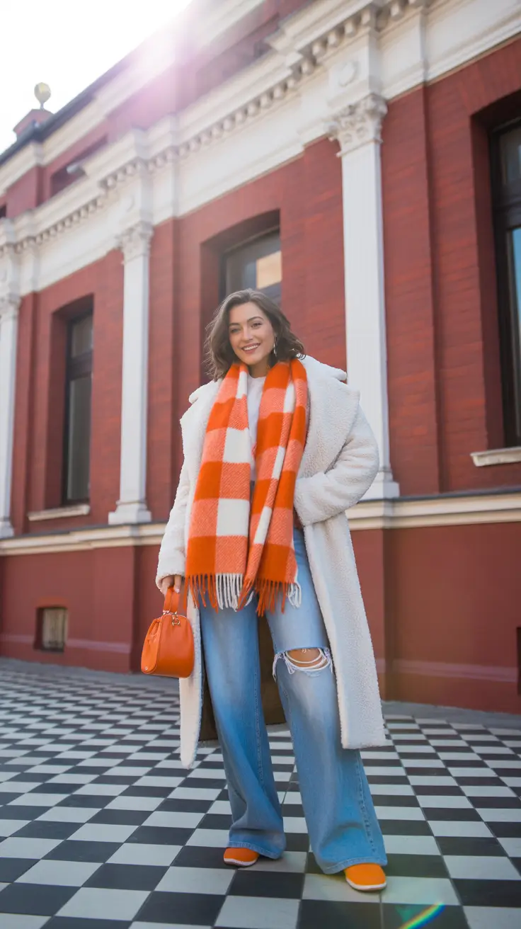 winter fits aesthetic Bright Checks with Laid-Back Denim