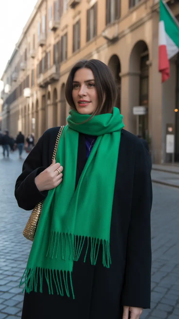 winter outfit inspo street style Emerald Statement Scarf and Sleek Black Coat