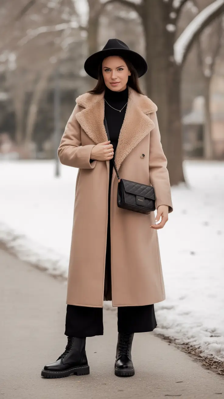 winter outfit inspo black women Classic Beige Coat with Winter Accessories