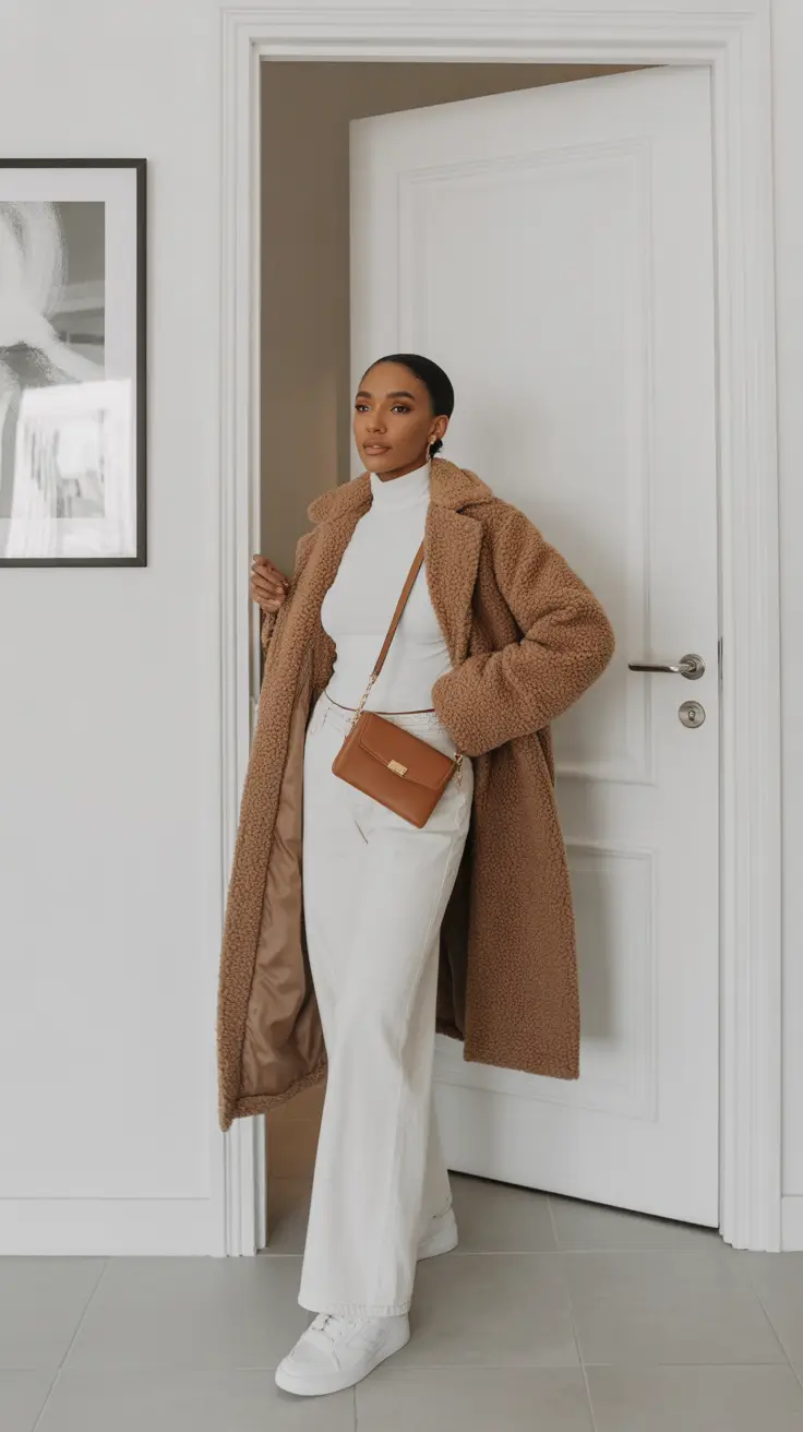 winter outfit inspo casual Teddy Coat with White-on-White Layers